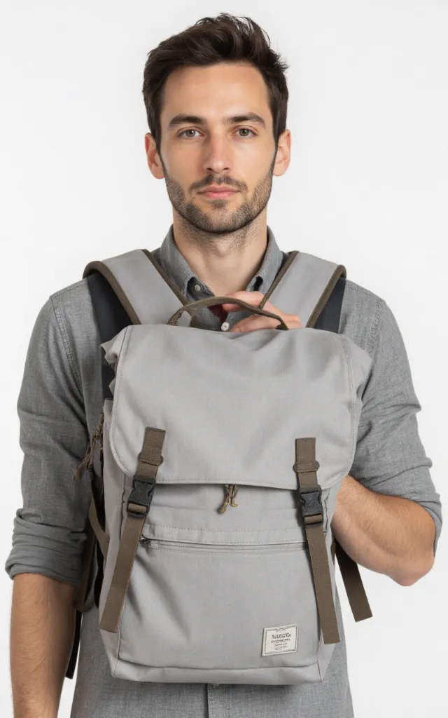 A French male model with an Outdoor   ready backpack, wearing a shirt, against a white background, in a front   facing close   up